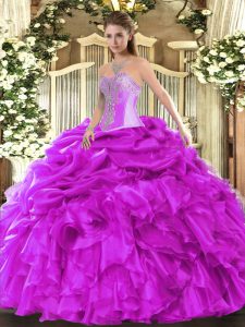 Vintage Sleeveless Organza Floor Length Lace Up Sweet 16 Dress in Fuchsia with Beading and Ruffles and Pick Ups