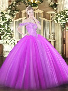 Hot Selling Sleeveless Tulle Floor Length Lace Up 15th Birthday Dress in Lilac with Beading