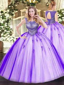 Sleeveless Tulle Floor Length Lace Up Quince Ball Gowns in Lavender with Beading