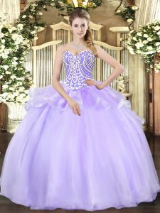 Lavender Sleeveless Floor Length Beading Lace Up Quinceanera Dress