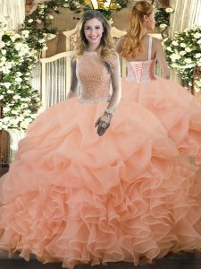 Deluxe Floor Length Peach Quince Ball Gowns Organza Sleeveless Beading and Ruffles and Pick Ups