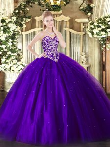 Purple Ball Gowns Beading Quinceanera Dress Lace Up Tulle Sleeveless Floor Length
