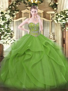 Olive Green Sweet 16 Quinceanera Dress Military Ball and Sweet 16 and Quinceanera with Beading and Ruffles Sweetheart Sleeveless Lace Up
