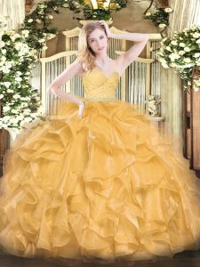 Stunning Gold Organza Zipper Sweet 16 Dress Sleeveless Floor Length Beading and Lace and Ruffles