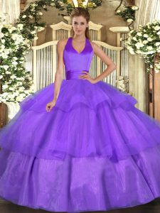 Floor Length Lavender Sweet 16 Dress Halter Top Sleeveless Lace Up