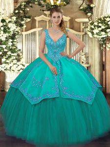 Glorious V-neck Sleeveless Zipper Military Ball Gowns Turquoise Taffeta and Tulle