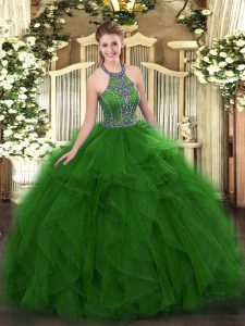 Beading and Ruffles Vestidos de Quinceanera Green Lace Up Sleeveless Floor Length