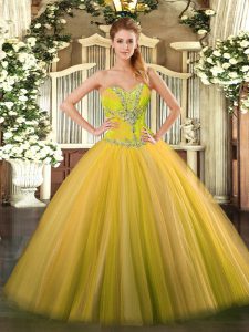 Traditional Floor Length Gold 15 Quinceanera Dress Tulle Sleeveless Beading