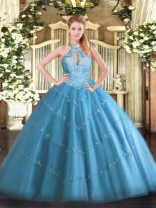 Baby Blue Sleeveless Beading Floor Length 15th Birthday Dress