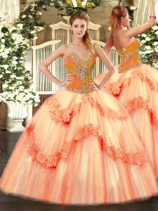 Beading Sweet 16 Dresses Peach Lace Up Sleeveless Floor Length