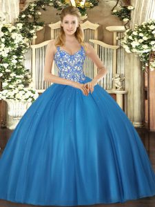 Charming Blue Straps Neckline Beading and Appliques Quinceanera Dress Sleeveless Lace Up