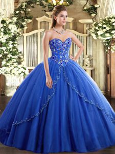 Ball Gowns Sleeveless Blue 15th Birthday Dress Brush Train Lace Up