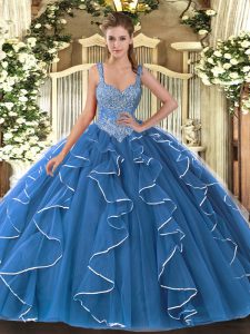 Chic Blue Sleeveless Floor Length Beading and Ruffles Lace Up Quinceanera Gown