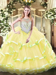 High End Yellow Green and Light Yellow Ball Gowns Scoop Sleeveless Organza Floor Length Zipper Beading and Ruffled Layers Quinceanera Dress
