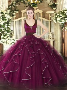Hot Sale Fuchsia Tulle Zipper Straps Sleeveless Floor Length 15th Birthday Dress Beading and Ruffles
