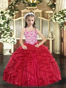 Enchanting Floor Length Coral Red Pageant Dress Toddler Tulle Sleeveless Beading and Ruffles