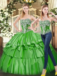 Popular Green Vestidos de Quinceanera Military Ball and Sweet 16 and Quinceanera with Beading and Ruffled Layers Strapless Sleeveless Lace Up