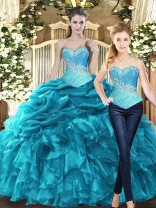 Colorful Teal Ball Gowns Tulle Sweetheart Sleeveless Beading and Ruffles Floor Length Lace Up Sweet 16 Quinceanera Dress