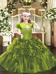 Olive Green Lace Up Pageant Dress Wholesale Beading and Ruffles Sleeveless Floor Length