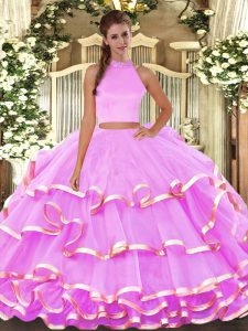 Fashion Sleeveless Organza Floor Length Backless Sweet 16 Quinceanera Dress in Lilac with Beading and Ruffled Layers