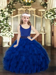 Exquisite Scoop Sleeveless Zipper Little Girls Pageant Dress Wholesale Royal Blue Organza