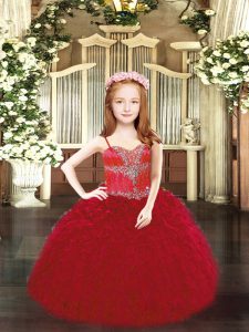 Eye-catching Wine Red Ball Gowns Organza Spaghetti Straps Sleeveless Beading and Ruffles Floor Length Lace Up Pageant Dress Toddler