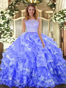 Blue Clasp Handle Quinceanera Dresses Lace and Ruffled Layers Sleeveless Floor Length