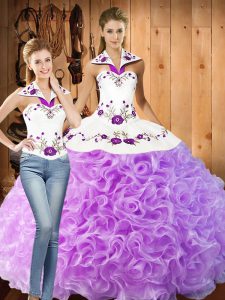 Lilac Sleeveless Floor Length Embroidery Lace Up Sweet 16 Dresses