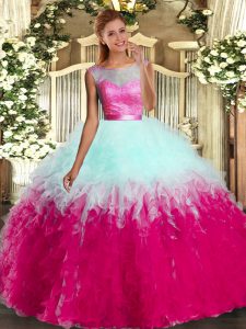 Unique Multi-color Ball Gowns Lace and Ruffles Military Ball Dresses For Women Backless Organza Sleeveless Floor Length
