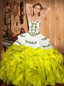 Sleeveless Floor Length Embroidery and Ruffles Lace Up Quinceanera Gowns with Yellow Green