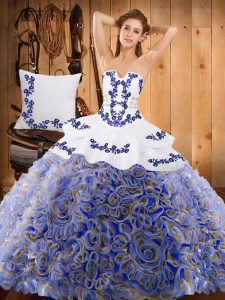 Flirting Multi-color Ball Gowns Strapless Sleeveless Satin and Fabric With Rolling Flowers With Train Sweep Train Lace Up Embroidery 15th Birthday Dress