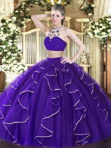 Purple Two Pieces Tulle High-neck Sleeveless Beading and Ruffles Floor Length Backless Sweet 16 Quinceanera Dress
