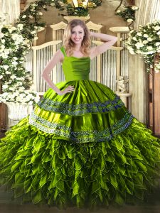 Luxurious Olive Green Ball Gowns Straps Sleeveless Organza Floor Length Zipper Beading and Lace and Ruffles Sweet 16 Dresses