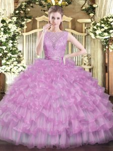 Lilac Backless Scoop Beading and Ruffled Layers Quince Ball Gowns Tulle Sleeveless