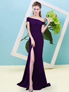 Sumptuous Dark Purple Elastic Woven Satin Zipper Off The Shoulder Sleeveless Floor Length Dama Dress Ruching