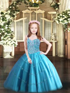 Cute Baby Blue Ball Gowns Tulle Straps Sleeveless Beading Floor Length Lace Up Custom Made Pageant Dress