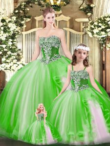 Organza Strapless Sleeveless Lace Up Beading and Ruffles Quince Ball Gowns in Green