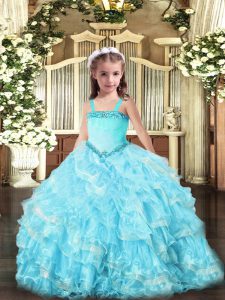 Lovely Sleeveless Floor Length Appliques and Ruffled Layers Lace Up Pageant Dress for Teens with Light Blue