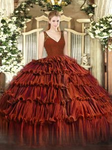 Best Selling Floor Length Rust Red Quinceanera Dresses V-neck Sleeveless Backless