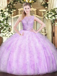 Charming Lilac Ball Gowns Organza Scoop Sleeveless Lace and Ruffles Floor Length Backless Ball Gown Prom Dress