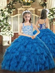 New Arrival Sleeveless Floor Length Beading and Ruffles Lace Up Little Girls Pageant Dress with Blue