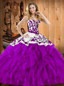 Dazzling Ball Gowns Quince Ball Gowns Eggplant Purple Sweetheart Satin and Organza Sleeveless Floor Length Lace Up
