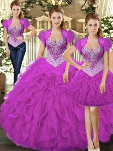 Shining Sleeveless Tulle Floor Length Lace Up Quinceanera Gowns in Fuchsia with Beading and Ruffles