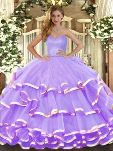 Fine Sleeveless Floor Length Ruffled Layers Lace Up 15 Quinceanera Dress with Lavender