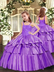 Lavender Straps Neckline Beading and Ruffled Layers High School Pageant Dress Sleeveless Lace Up