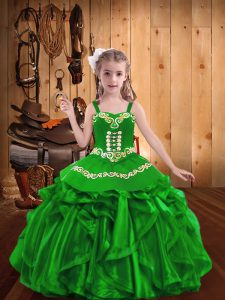 Green Ball Gowns Organza Straps Sleeveless Embroidery and Ruffles Floor Length Lace Up Pageant Gowns