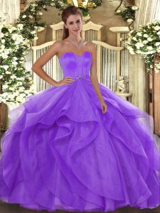 Adorable Lavender Ball Gowns Sweetheart Sleeveless Tulle Floor Length Lace Up Beading and Ruffles Quinceanera Gowns