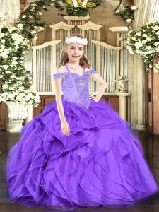 Lavender Lace Up Little Girls Pageant Gowns Beading and Ruffles Sleeveless Floor Length