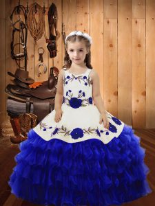 Royal Blue Ball Gowns Straps Sleeveless Organza Floor Length Lace Up Embroidery and Ruffled Layers Winning Pageant Gowns