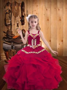 Red Ball Gowns Straps Sleeveless Organza Floor Length Lace Up Embroidery and Ruffles Pageant Dress Womens